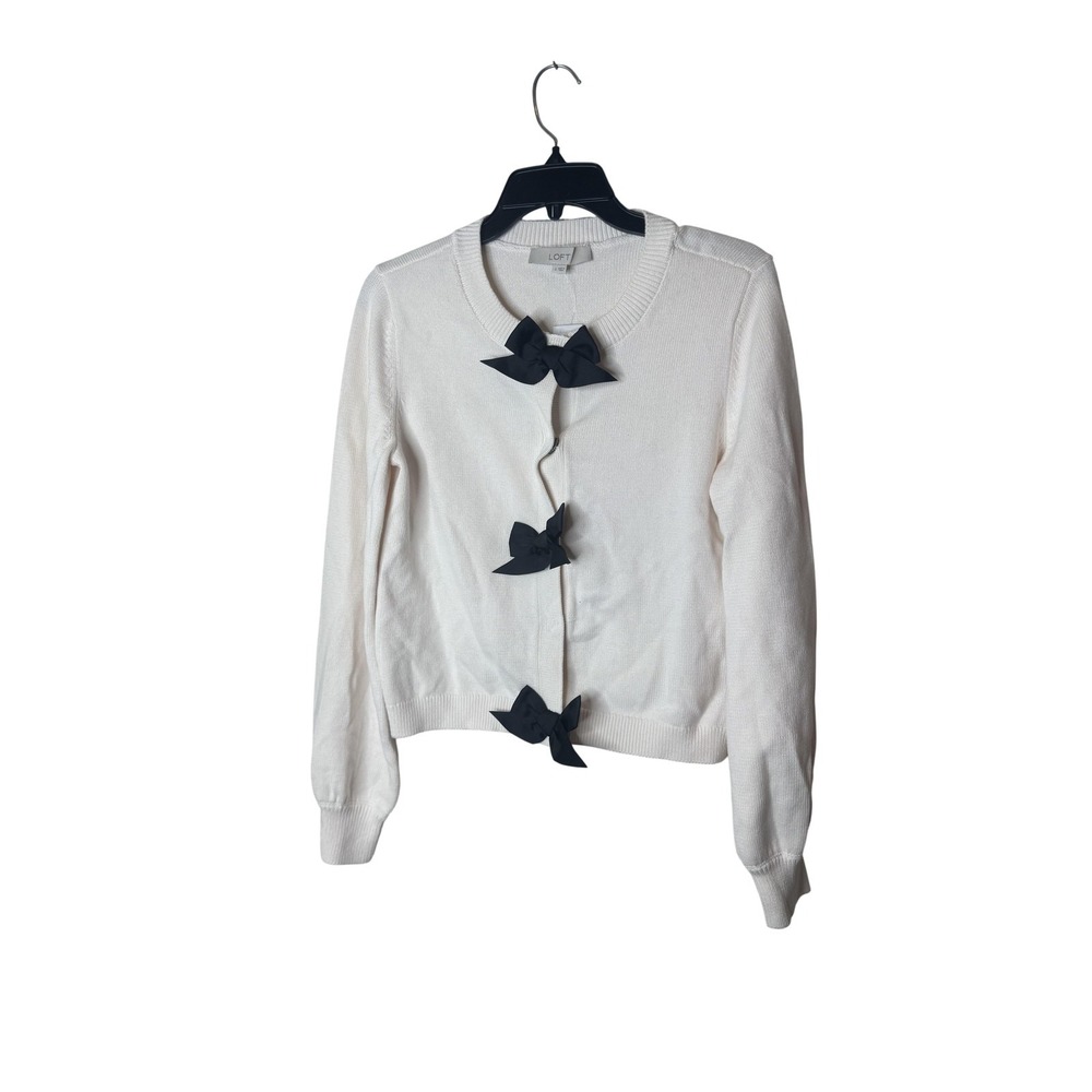 LOFT Cardigan Sweater Womens Small White Bow Frontā Crewneck Cotton Knit
